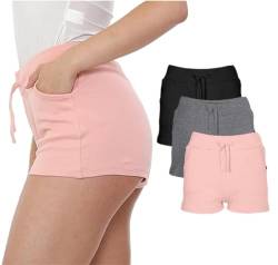 NOROZE Damen lässig Sommer Urlaub Baumwolle Shorts Kurze Hose (48, Schwarz/Grau/Baby Pinke) von NOROZE