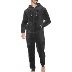 NOROZE Erwachsene Herren Einfarbiger dicker kuscheliger weicher Fleece All-in-One Overall Schlafanzug Einteiler Nachtwäsche (XL, Schwarz) von NOROZE