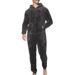 NOROZE Erwachsene Herren Einfarbiger dicker kuscheliger weicher Fleece All-in-One Overall Schlafanzug Einteiler Nachtwäsche (XXL, Anthrazit) von NOROZE