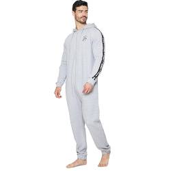 NOROZE Erwachsene Herren Fleece All-in-One Einfarbig Kontrastärmel Kapuze Pyjama Jumpsuit Einteiler Nachtwäsche (L, Grauer Mergel) von NOROZE