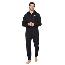 NOROZE Erwachsene Herren Fleece All-in-One Einfarbig Kontrastärmel Kapuze Pyjama Jumpsuit Einteiler Nachtwäsche (L, Schwarz) von NOROZE