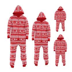 NOROZE Familien-Passend Weihnachtsfest Schneeflocke Rentier Jacquard Stricken Aztekisches Design Einteiler Pyjama EIN Stück Mit Kapuze Overall Schlafanzüge (L, Jacquard-Rot) von NOROZE