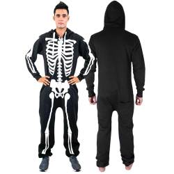 NOROZE Halloween Kostüm Onesie Mode Stilvoll Alle in Einem Overall Strampelanzug EIN Stück Pyjamas Jumpsuit Combinaison Für Herren Männer (S, Skelett Schwarz) von NOROZE