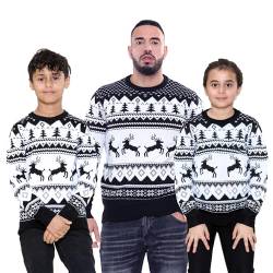 NOROZE Herren Damen Jungen Mädchen Familie Weihnachtspullover Hässlich Weihnachten Pullover Faire Insel Rentier Schneeflocke Weihnachtsbaum Sweatshirt Pulli (13 Jahre, Springendes Rentier-Schwarz) von NOROZE