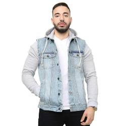 NOROZE Herren Jeansjacke mit Fleece Ärmel und abnehmbare Kapuze Klassisch Denim Jacke Trucker Mantel Kapuzenpullover (M, Hellblau) von NOROZE