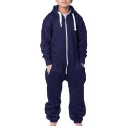 NOROZE Onesie Jumpsuit Weihnachts-Pyjama für Jungen Einteiler einfarbig Fleece-Einteiler mit Kapuze für Mädchen Schlafanzug Overall für Kinder Unisex (13 Jahre, Marine) von NOROZE