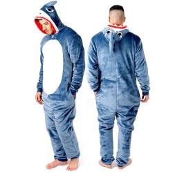 NOROZE Unisex Skelett Shark Onesie Erwachsene Herren Pyjama Schlafanzug Halloween Loungewear Super weich Vlies Jumpsuit Spielanzug Overall (XXL, Haifischgrau) von NOROZE