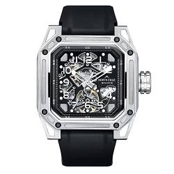 NORTH EDGE Space Herren Automatische mechanische Armbanduhr, Skelett Edelstahl Silber Möwe Bewegung Armbanduhr Rubin Kristall für Männer Wasserdicht 100M, silber, Outdoor von NORTH EDGE