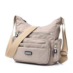 NOTAG Umhängetasche Damen, Leichte Schultertasche Damen Wasserdicht Nylon Mehrfach-Taschen RFID Handtasche Umhängetasche (Beige) von NOTAG