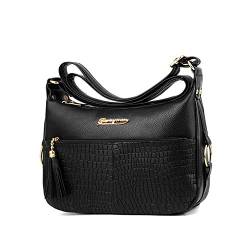 NOTAG Umhängetasche Damen PU leder Schultertasche Mehrfach-Taschen Handtasche Umhängetasche Sporttasche mit Quaste (Schwarz) von NOTAG