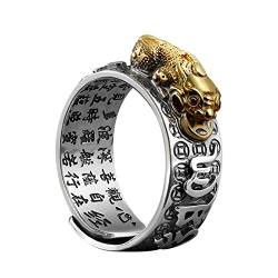 Glücksring, Feng Shui Pixiu Mantra Ring S925 Silber Buddhistisches Glücksamulett Mantra Doppelter Schutz Reichtum Liebe Gesundheit Ring Geschenk for Männer Frauen, Gold 2, verstellbar ( Color : Gold 1 von NOURIS