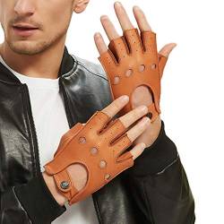 NOVBJECT Herren Fingerlose Lederhandschuhe Hirschleder Halber Finger Ungefüttert Motorrad Outdoor Autohandschuhe (Sand,L) von NOVBJECT