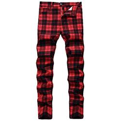 NOVOCCT Plaid Panst für Herren – Skinny Herren Kleid Hose – Stretch Slim Fit Business Freizeit Kleid Chinos Hose für Herren, Black Red Plaid, 50 von NOVOCCT