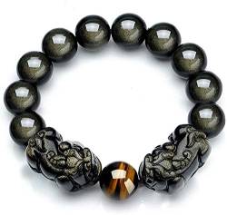 NOVOCE 12 mm natürliches Gold, Obsidian, zwei runde Perlen, Kristall, Pi Xiu, Damen und Herren, Armband AAAAA von NOVOCE