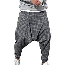 NQyIOS Jogginghose Tiefer Schritt Damen Lässige Karo-Kordelzug für Männer mit mittlerem Taillenschritt, lockere Haremshose mit Taschen Sporthosen Herren Gummi (Grey, XXL) von NQyIOS