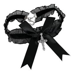 NRVTRE Spitzen-Rüschen-Halsband, niedliche Bowknot-Kreuze, Anhänger, Halsband, Halloween-Gothic-Kostüm, Schmuck, Geschenk für Frauen, Spitzen-Choker-Halsketten für Frauen von NRVTRE