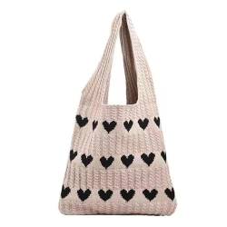 NSOT Tote Bag for Women Women Knit Tote Bag Crochet Shoulder Bag Love Heart Pattern Handbags Aesthetic Everyday Knitted Bag (Khaki, One Size) von NSOT