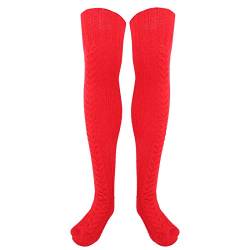 NSXAYIWE NSXAYIWE Damen-Oberschenkelhohe Stiefelsocken Mit Zopfmuster, Winterstrümpfe über Dem Knie, Beinwärmer, Oberschenkelhohe Socken, Damen-Oberschenkelhohe Socken(Rot) von NSXAYIWE