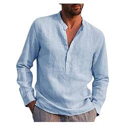 Herren Leinenhemden Einfarbig Henley Hemden Lose Sommer Strandhemd Lässiges Langarm Baumwoll Leinenhemd mit Brusttasche (Blau,XL) von NSYWBZB