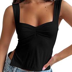 NTSWZYS Y2K Damen Ärmelloses bauchfreies Tanktop plissiertes Bustier Sweetheart-Ausschnitt Ausgehen Crop Tops Y2K Sexy Schlitze Cami Shirt, Ft-Black, Mittel von NTSWZYS