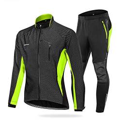 NUCKILY Herren Fahrradbekleidung Set Winddicht Thermo Fleece Winterjacke MTB Bekleidung Rennrad Fahrrad Trikot Langarm und Fahrradhose mit 3D Sitzpolster (ME020 Grün, M) von NUCKILY