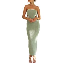 Damen trägerloses gestricktes Maxikleid, sexy gedrehte Vorderseite, ärmellos, langes Schlauchkleid, rückenfrei, figurbetont, geteiltes Sommerkleid, Taille hohl grün, Mittel von NUFIWI