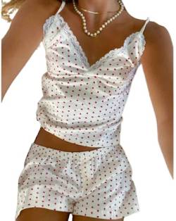 NUFIWI Frauen Y2k Zweiteiliges Outfit Ärmellos Spitzenbesatz Crop Cami Top Hohe Taille Mini Shorts Set Sommer Streetwear, Herz V-Ausschnitt Weiß, S von NUFIWI