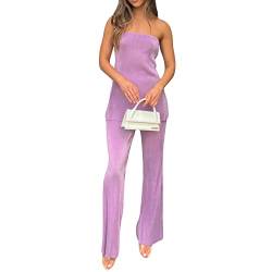 NUFIWI Y2k Damen Sexy 2-teiliges Hosen-Set, trägerlos, schulterfrei, Schlauchoberteile, plissiert, weites Bein, Sommer-Outfits, B Purple Tube, M von NUFIWI