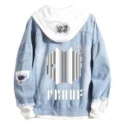 NUGEN Kpop BTS Hoodie, Männer Frauen Jacke Denim gefälschte Zweiteilige Sweatshirt Kpop Cool Pullover Hip Pop Pop Jumper Weatshirt Sweater Oberbekleidung Light Blue-M von NUGEN