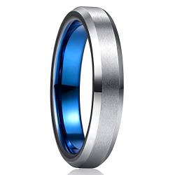 NUNCAD 4mm Wolfram Verlobungsring Ehering für Herren Damen Silber Blau Ring mit Gebürstet Poliert Abgeschrägte Kante Größe 57 von NUNCAD