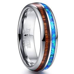 NUNCAD 6mm Wolfram Ring Männer Frauen Unisex Silber mit Opal Blau + Koa Holz für Valentinstag Jubiläum Jahrestag Fashion Hochzeit Größe 67.2 (21.4) von NUNCAD