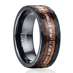 NUNCAD 8mm Ring für Herren Männer Schwarzer Wolfram Ring mit Holz und Elchgeweih Verlobungsring Hammered Gebürsteter Fläche Größe 67.2 (21.4) von NUNCAD