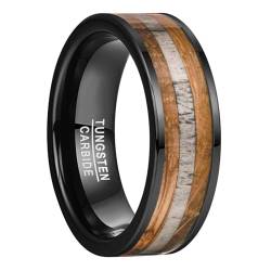 NUNCAD 8mm Ring für Herren Schwarzer Wolfram Ring mit Holz und Elchgeweih Verlobungsring Polieren Größe 54.4 (17.3) von NUNCAD