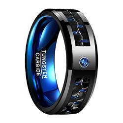 NUNCAD Damen Herren Unisex Ring aus Wolfram mit Kohlefasern und Zirkon 8mm Schwarz Blau Verlobungsring Größe 54.4 von NUNCAD