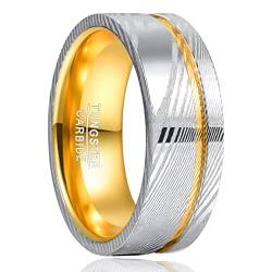 NUNCAD Gold Herrenring mit Damaszener Stahl 8mm Wolfram Eherringe Ring mit Rillen Damast Eheringe Partnerringe Größe 57 (18.1) von NUNCAD