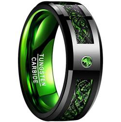 NUNCAD Herren Damen Unisex Ring aus Wolfram mit Zirkonia und Kohlefasern 8mm Schwarz + Grün für Hochzeit Verlobung Alltag Fashion Größe 60 (19.1) von NUNCAD