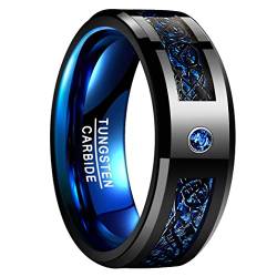 NUNCAD Herren Ring Keltischer Drache Schwarz Blau mit Kohlefasern Zirkon Stein Unisex Wolfram Ring 8mm Breit Hochzeitsring Verlobungsring Freundschaftsring Größe 58 von NUNCAD