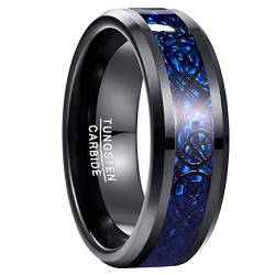 NUNCAD Herren Ring Wolfram mit Keltischen Drachen Ring Schwarz Blau Kohlefasern Partnerringe Verlobungsringe 8mm Poliert Größe 52(16.6) von NUNCAD