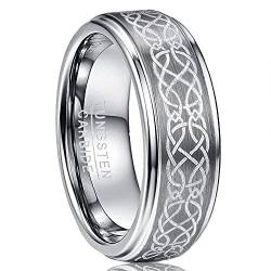 NUNCAD Ring Damen/Herren 8mm Silber mit Keltischen Knoten Design aus Wolfram, Ehering, Ring für Hochzeit, Verlobung, Größe 60.0 (19.1) von NUNCAD