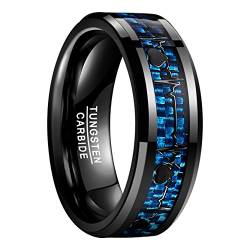 NUNCAD Ring Hochzeit Herren/Damen schwarz + blau 8mm mit Herzschlag, Wolfram Ring Unisex mit Kohlefasern, Größe 62 (19.7) von NUNCAD