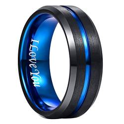 NUNCAD Schwarz Wolframcarbid Ring mit Blau Rille 8mm Ehering für Herren Damen Partner Ring Graviert I Love You Größe 66 von NUNCAD