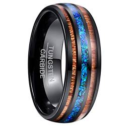 NUNCAD Schwarzer Ringe Herren/Damen Wolfram Ring Breit 8 mm mit Blau Opal und Koaholz zum Mosaik Verlobungsringe Holzring für Männer von NUNCAD