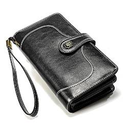 NURCIX Retro Echte Kreditkartenhalter Handtasche Große Kapazität Clutch Taschen Frauen Trifold Brieftasche mit Wristlet Reißverschluss Echte Brieftaschen für Frauen mit Münzfach, Schwarz , 3555 von NURCIX