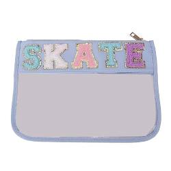 Tragbare Reise-Kulturtasche, transparente Make-up-Tasche, Chenille, Buchstaben, Kosmetik, lässig, Aufbewahrung, Halter für Frauen und Mädchen, transparente Beutel für Reisen, Blauer Skate von NURCIX