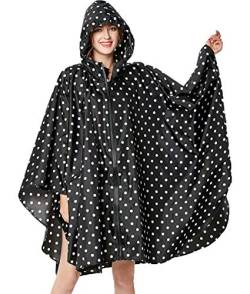 NUUR Damen Regenponcho Regenmantel Unisex Regenjacke Wasserdicht Regencape Wiederverwendbar mit Kapuze Schwarz Punkten von NUUR