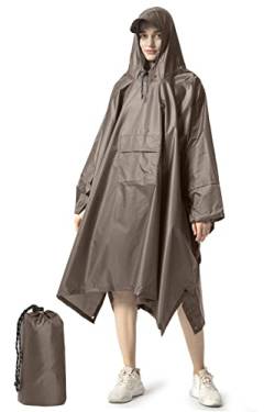 NUUR Regenponcho Herren Damen Unisex Regencape Regenmantel Regenjacke Wasserdicht Hiking Cycling Outdoor 3in1 Mehrzweck Wiederverwendbar Rain Poncho mit Kapuze Braun von NUUR