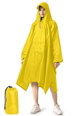 NUUR Regenponcho Herren Damen Unisex Regencape Regenmantel Regenjacke Wasserdicht Hiking Cycling Outdoor 3in1 Mehrzweck Wiederverwendbar Rain Poncho mit Kapuze Gelb von NUUR