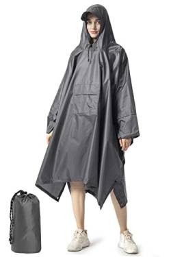 NUUR Regenponcho Herren Damen Unisex Regencape Regenmantel Regenjacke Wasserdicht Hiking Cycling Outdoor 3in1 Mehrzweck Wiederverwendbar Rain Poncho mit Kapuze Gray von NUUR