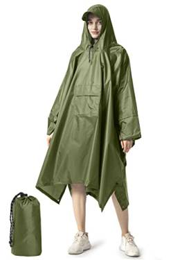 NUUR Regenponcho Herren Damen Unisex Regencape Regenmantel Regenjacke Wasserdicht Hiking Cycling Outdoor 3in1 Mehrzweck Wiederverwendbar Rain Poncho mit Kapuze Olive von NUUR