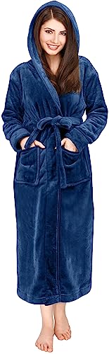 NY Threads Damen-Bademantel aus Fleece, mit Kapuze, lang, Marineblau, Medium von NY Threads